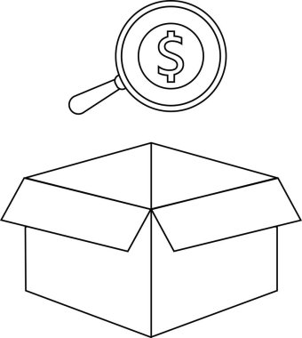 Açık bir kutunun üzerindeki bir dolar işaretine odaklanan bir büyüteçle temsil edilen paket içindeki değerin incelenmesinin sembolik bir gösterimi..