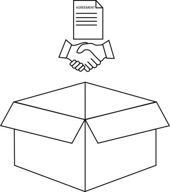 Bir anlaşma belgesi ve açık bir kutunun üzerinde bir tokalaşmayı gösteren basit bir illüstrasyon, bir anlaşma veya ortaklığı simgeliyor..