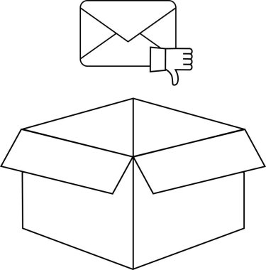 Üzerinde istenmeyen iletileri ya da olumsuz geri bildirimleri sembolize eden, üzerinde bir zarf ve bir başparmak simgesi bulunan açık bir kutu.