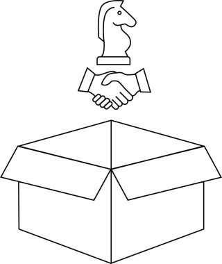 Stratejik ortaklıkların ve açık yeniliğin sembolik bir temsili. El sıkışma, satranç şövalyesi ve açık kutu..