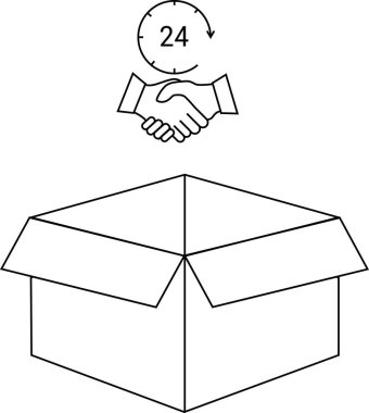 24 saat hizmet simgesi ve el sıkışması içeren açık bir karton kutu, hızlı teslimatı ve iş anlaşmasını simgeliyor..