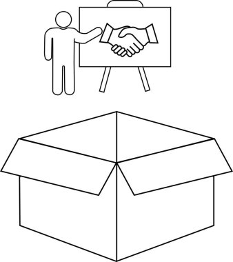 Açık bir kutunun üstündeki beyaz tahtada iş anlaşması sunan bir kişinin siyah beyaz çizimi..