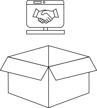 Açık bir kutunun üstündeki bilgisayar ekranında el sıkışma, çevrimiçi anlaşmaları ve iş anlaşmalarını temsil ediyor.