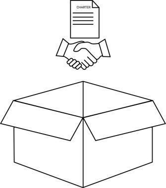 Üzerinde bir el sıkışma ve charter anlaşması bulunan açık bir kutu içeren siyah ve beyaz bir illüstrasyon, ortaklığı ve yeni başlangıçları simgeliyor..