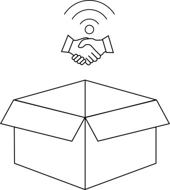 Üzerinde el sıkışma ve kablosuz internet sembolü olan açık bir kutu, bir anlaşma veya bağlantıyı temsil ediyor..