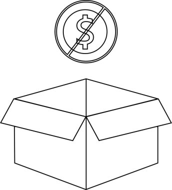 Üzerinde hiçbir maliyet sembolü olmayan açık bir kutunun siyah-beyaz çizimi, ücretsiz bir ögeyi gösterir.