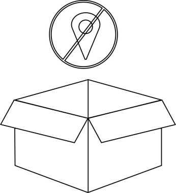 Paket teslimatı için konum belirleme işareti çizilmiş açık bir kutunun çizgi çizimi..