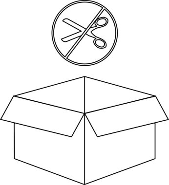 İçinde makas kullanmamayı belirten, ambalaj ve işleme talimatlarını temsil eden açık bir karton kutu..