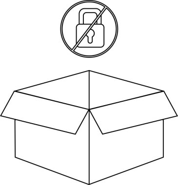 Üzerinde kilitlenmemiş bir asma kilit sembolü olan açık bir kutunun siyah beyaz çizimi erişilebilirliği veya güvenlik eksikliğini gösteriyor..