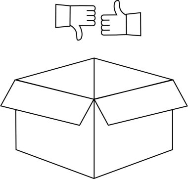 Açık bir kutunun basit bir çizgi çizimi, başparmakları yukarı ve aşağı doğru, geri bildirim veya değerlendirmeyi temsil ediyor..