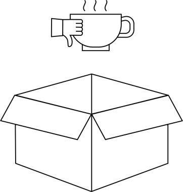Açık bir kutu ve dumanı tüten bir kahve fincanını tutan bir elin basit ama anımsatıcı bir görüntü oluşturduğu minimalist bir çizim..