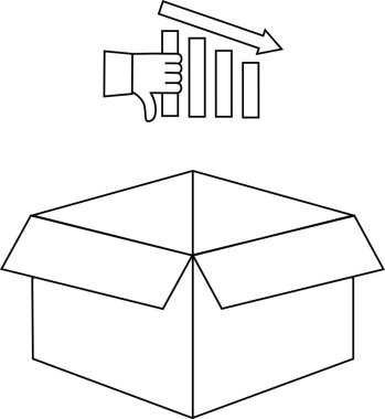 Basit bir çizgi, açık bir kutunun üzerinde, iş düşüşünü sembolize eden, azalan bir çubuk grafiğine başparmak işareti veren bir eli betimler..