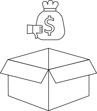 Üzerinde para çantası olan bir kutu. Yanında da para kutusundaki maddi tatminsizliği ya da hoşnutsuzluğu simgeleyen baş parmaklar var..