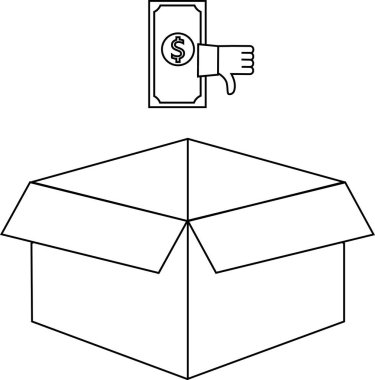 Para simgesi ve baş parmağıyla boş bir kutunun tasviri, maddi kaybı veya kaynak eksikliğini simgeliyor.