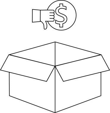 Üzerinde el ve para sembolü olan bir bağış kutusunun basit bir çizgisi çizimi finansal katkıları öneriyor..