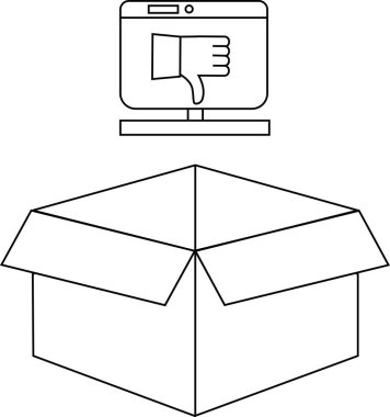 Bir bilgisayar ekranı açık bir karton kutunun üzerinde bir başparmak simgesi gösterir, basit çizgi çizimi.
