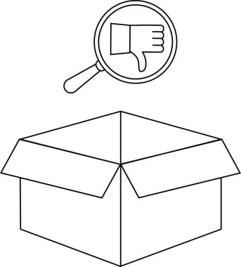 Boş bir mukavva kutu, bir büyüteçle baş parmakları aşağı gösteren, hayal kırıklığını ya da olumsuz bir eleştiriyi temsil eden..