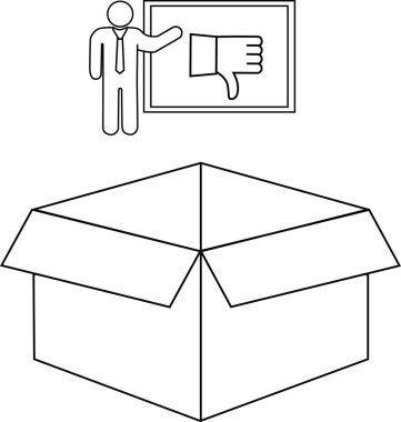 Takım elbiseli bir adam, açık bir kutunun üzerinde iş ortamında olumsuzluğu ya da hoşnutsuzluğu simgeleyen bir ikon sunar..