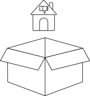 Üzerinde bir ev simgesi bulunan açık bir kutu, başparmak aşağı gösteren bir sembol, olumsuz geri bildirim ya da konut veya taşınmayla ilgili bir onaysızlık öneriyor.