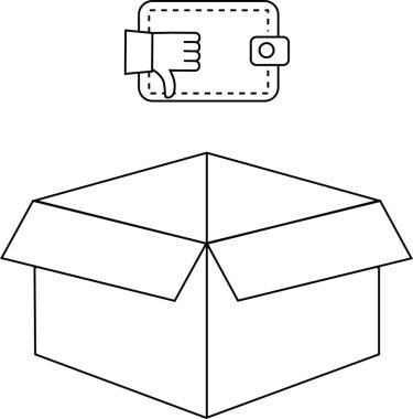 Bir cüzdan simgesi üzerinde bir başparmak aşağı gösterilen bir açık kutu, olumsuz mali durumu gösterir.