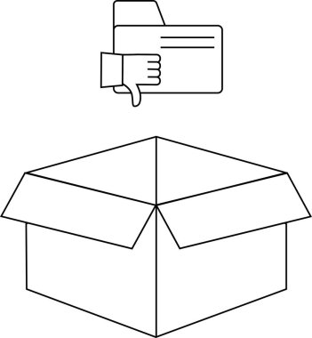 Açık bir kutunun üzerinde tasdikli bir jest ile tasvir edilen belge veya dosyaların reddedilmesinin sembolik bir temsili, imha veya kınama önerisi.