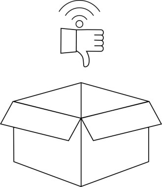 Bir ürün ya da hizmet ile hayal kırıklığını temsil eden, üzerinde başparmak işareti ve zayıf WiFi sinyali olan açık bir kutuyu tasvir eden bir satır çizgisi çizimi.