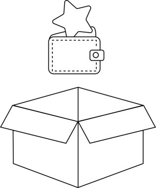 Üzerinde cüzdan ve yıldız olan açık bir kutunun basit bir siyah beyaz çizimi, boyama sayfaları veya eğitim materyalleri için mükemmel.