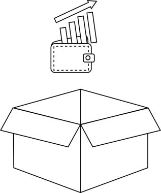 Üzerinde cüzdan ve artan çubuk grafik olan açık bir kutunun basit bir siyah beyaz çizgisi çizimi.