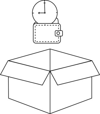 Açık bir kutunun üzerinde yüzen saat ve cüzdanın basit bir siyah beyaz çizimi.