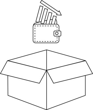 Bir cüzdanın resmi açık kutunun üzerine düşen grafiği ile mali kaybı veya ekonomik krizi simgeliyor..