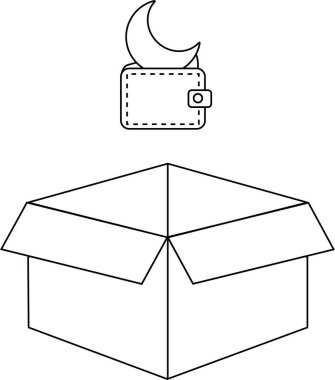 Siyah-beyaz bir resim, üzerinde ay olan bir cüzdan gösteriyor, açık bir kutunun üzerinde, sembolik bir resim oluşturuyor..