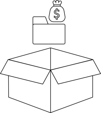 Üzerinde dosya dizini ve para çantası simgesi olan açık bir kutunun basit bir çizgisi çizimi.