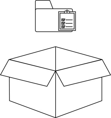 Üzerinde dizin ve kontrol listesi olan, organizasyon, depolama ve belge yönetimini temsil eden basit bir açık kutu çizimi.
