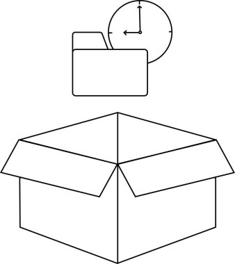 Üzerinde bir klasör ve saat simgesi olan açık bir kutunun basit bir çizimi.