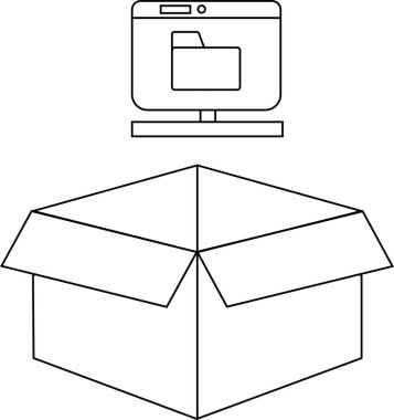 Bir dizin simgesini gösteren bir bilgisayar monitörü açık bir kutunun üzerinde, yazılım paketlemesini ve dağıtımı minimalist tarzda temsil eder.