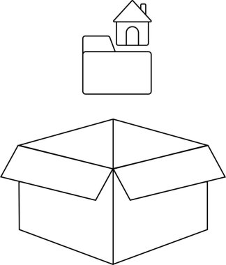 Açık bir karton kutunun üzerine yerleştirilmiş, taşınma, depolama veya taşınma gibi kavramları temsil eden bir ev dizini simgesi.