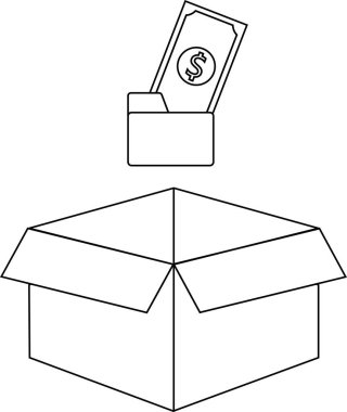 İçinde para olan bir bağış kutusu, hayır kurumunu temsil eden, bağış toplayan ve bağış yapan. Basit çizgi çizimi.