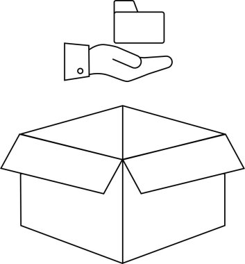 Bir çizgi, veri arşivleme, organizasyon ve depolama çözümlerini sembolize ederek, bir klasörü açık bir kutuya yerleştiren bir eli betimler.