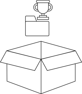 Üzerinde klasör ve kupa olan açık bir kutunun çizgi çizimi, başarıyı ve organizasyonu simgeliyor..