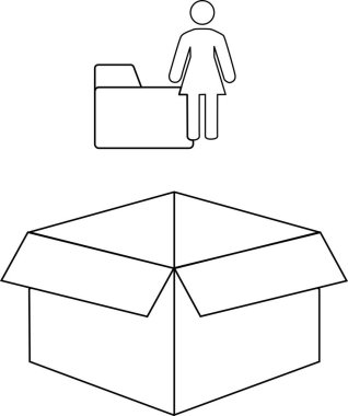 Basit bir siyah-beyaz çizimi açık bir kutunun üzerinde duran bir kişinin çalışma, depolama veya organizasyon kavramlarını aktardığını gösteriyor..