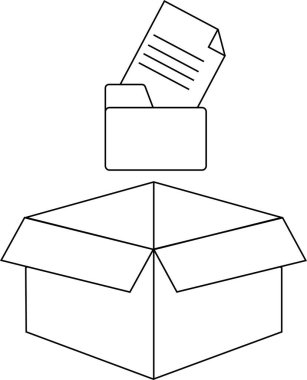 Bir klasör ve belgeler içeren, basit bir satır sanat tarzında organizasyon, depolama ve bilgi yönetimini temsil eden bir açık kutu.