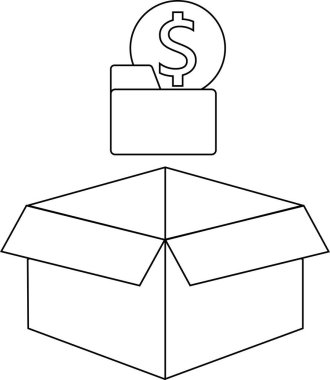 Üzerinde klasör ve dolar işareti olan açık bir kutunun basit bir siyah beyaz çizimi iş ya da finansmanı simgeliyor..