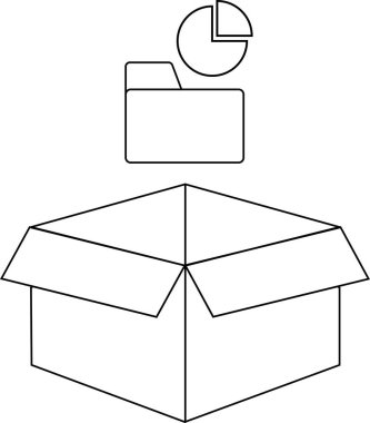 Üzerinde bir klasör ve pasta grafiği simgesi olan açık bir kutunun basit bir siyah beyaz çizimi.