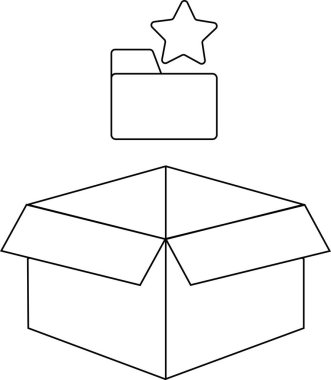 Üzerinde bir dizin ve yıldız simgesi bulunan, çeşitli tasarım amaçları için uygun, açık bir kutunun basit siyah beyaz çizimi.