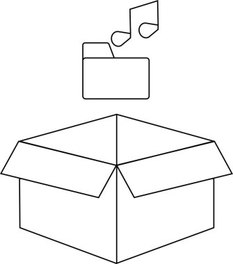 Üzerinde müzik veya ses içeriği öneren, üzerinde bir müzik klasörü simgesi yüzen açık bir kutunun basit bir siyah beyaz çizimi.