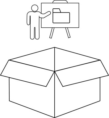 Sunum panosundaki bir dizin simgesi ile sembolize edilen bir kutunun içeriği hakkında bilgi sunan bir kişi.