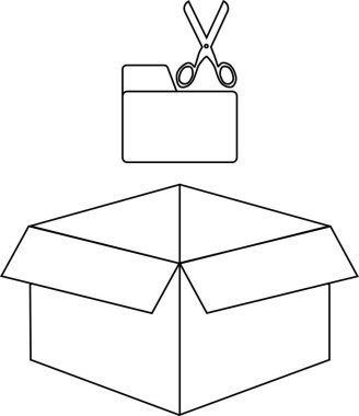 Bir klasörün üzerinde makas içeren basit bir çizgi, açık bir kutunun üzerinde, organizasyonu, yaratıcılığı ve paketlerin açılma sürecini sembolize eder..