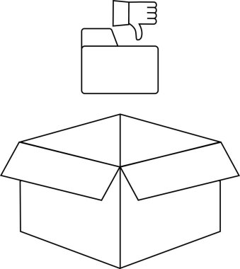 Basit bir çizgi açık karton bir kutu tasvir eder. Üzerinde başparmaklar aşağı simgesi vardır. Reddedilmeyi veya olumsuz geri bildirimi sembolize eder..