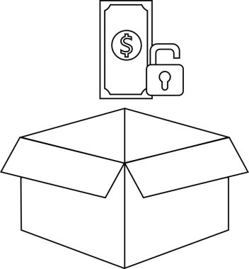 İçinde para ve asma kilit olan bir kutuyu tasvir eden bir çizgi çizimi, mali güvenlik ve tasarrufu simgeliyor..