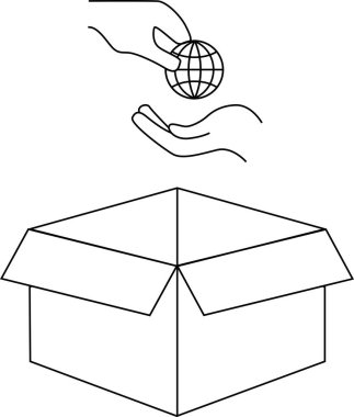 Ellerin bir küreyi açık bir kutuya koyması, küresel sorunları, çözümleri veya uluslararası işbirliği gibi kavramları temsil etmesi. Siyah beyaz çizgi sanatı.